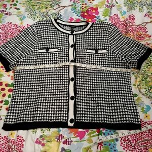 Talbots Black and White Button Up Short Sleeve Sweater Size XL